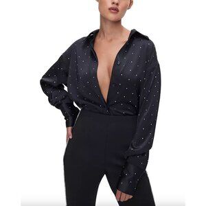GOOD AMERICAN Crystal Studded Oversize Stretch Poplin Shirt Black00 Womens Size